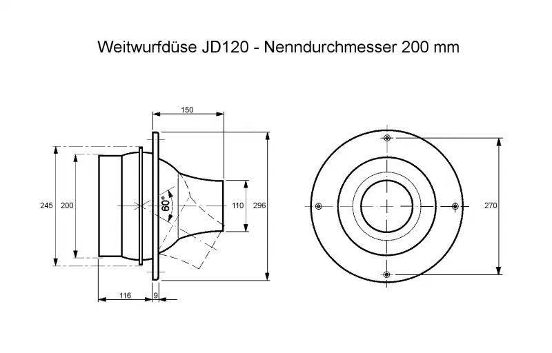 Weitwurfdüse JD120 - Ø 200 mm aus Stahl und Aluminium, RAL 9010 (reinweiß) lackiert – Bild 2