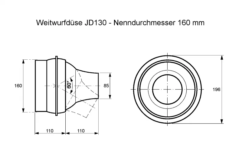 Weitwurfdüse JD130 - Ø 160 mm aus Stahl und Aluminium, RAL 9010 (reinweiß) lackiert – Bild 2